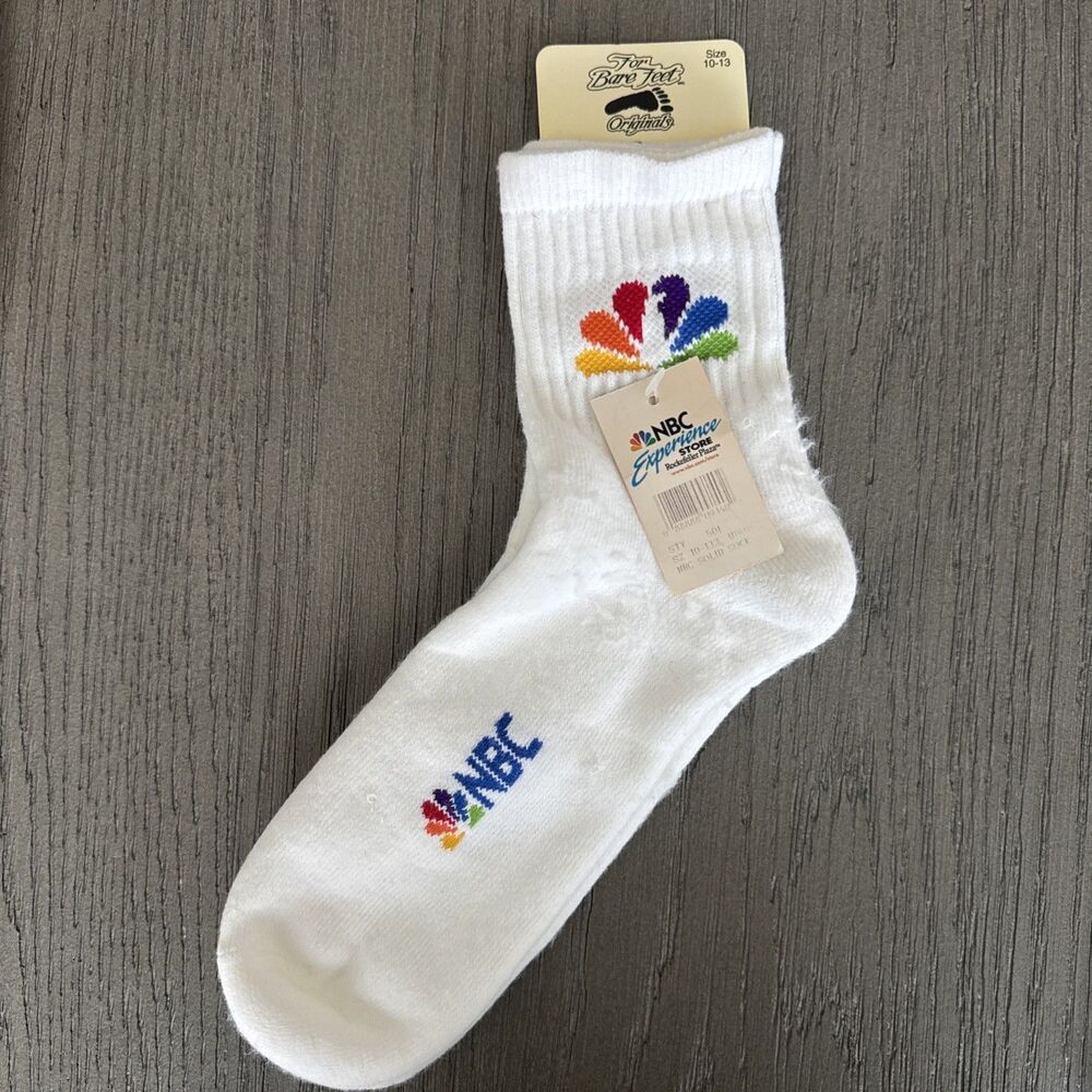 Vintage NOS NBC Sports Socks Peacock TV Station White Adult Unisex Size 10-13